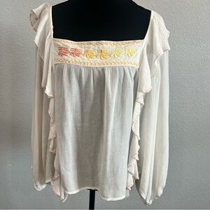 Elegant Ruffle Blouse with Floral Embroidery - Cream